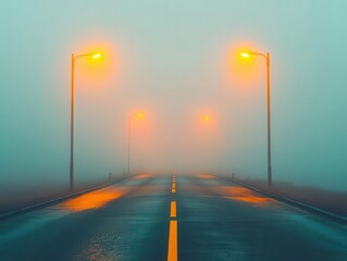 Wall Mural - Empty road with a faint fog hanging low, diffusing the light from distant streetlamps, foggy night, blurred quiet