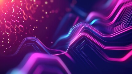 Poster - A fluid abstract banner with bright hexagons and curved lines in neon colors, creating a modern, high-energy geometric background design