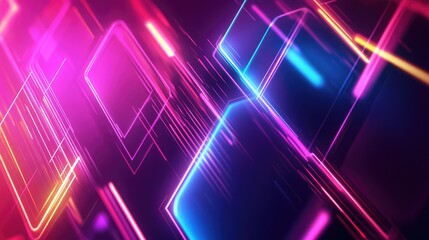 Poster - A fluid abstract banner with bright hexagons and curved lines in neon colors, creating a modern, high-energy geometric background design