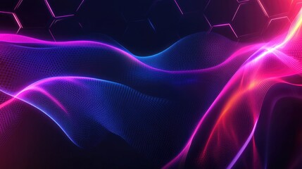 Poster - A fluid abstract banner with bright hexagons and curved lines in neon colors, creating a modern, high-energy geometric background design