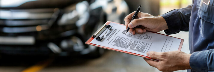 car mechanic checks vehicle inspection checklist with focus and precision