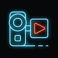 Poster - Neon video camera icon glowing against a black background