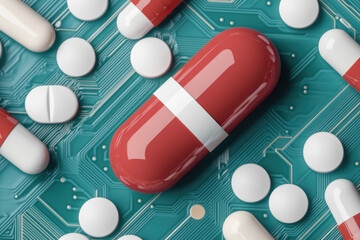 Pharmaceutical Innovation, vibrant red and white capsules surrounded by circular tablets scattered on a teal circuit board, symbolizing the intersection of health and technology