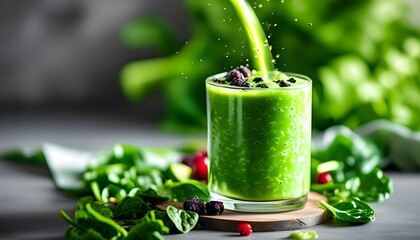 Wall Mural - Refreshing green smoothie blend of spinach, kale, and tropical fruits being poured into a glass for a healthy beverage experience