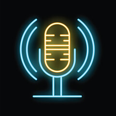 Poster - Neon microphone icon glowing on dark background representing podcast, radio or voice recording