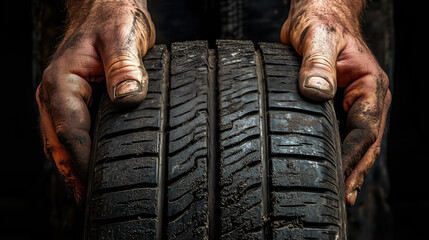 Close up of mechanic hands holding new car tire, showcasing detail and texture