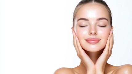 Young woman enjoying skincare routine, white isolate background