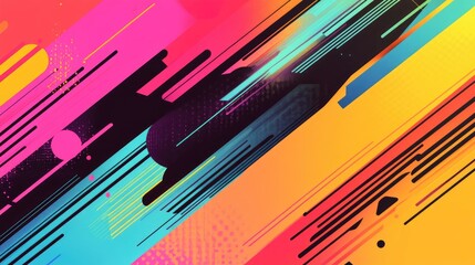 Poster - A vibrant abstract banner featuring bold geometric shapes and diagonal lines in bright colors, creating a dynamic and energetic modern background design