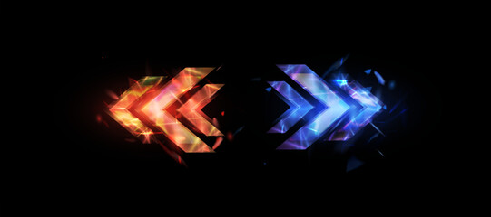 Poster - Direction of light arrow, opposition of two forces. Template of light arrow of blue and red glow to determine direction. Vector on transparent background