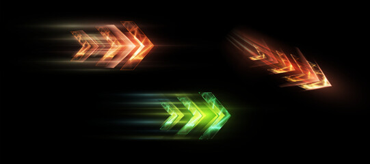 Leinwandbilder - Set of abstract high speed bright colorful glowing arrows, modern arrow light speed effect on black background, vector illustration.