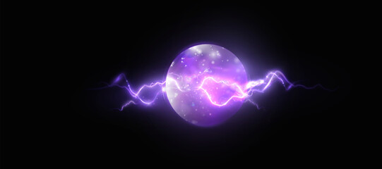 Poster - Realistic sphere with liquid texture of planet surface. Vector spatial horizontal illustration of purple planet. Planet view from satellite in outer space.