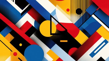 Poster - A vibrant geometric background with bold shapes in primary colors, arranged in a dynamic abstract pattern perfect for banners and creative design