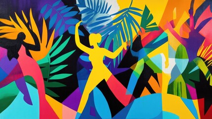 Poster - Abstract palm leaves and geometric shapes in vibrant hues, combined with dancing figures and musical waves, capturing the festive rhythm of a tropical celebration