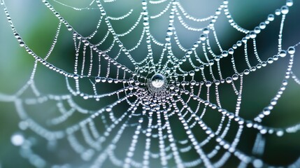 Poster - An 8K hyper-realistic photo of a stunningly intricate spider web adorned with dewdrops, capturing the intricate beauty of nature