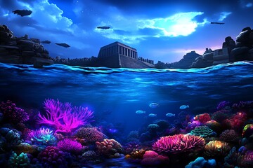 Poster - A digital painting of an underwater world, with vibrant coral reefs, glowing sea creatures, and an ancient sunken city in the background