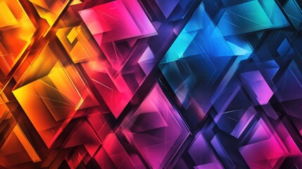 Poster - An abstract banner filled with sharp geometric shapes like triangles and hexagons in bright, contrasting colors, forming a vibrant, eye-catching background