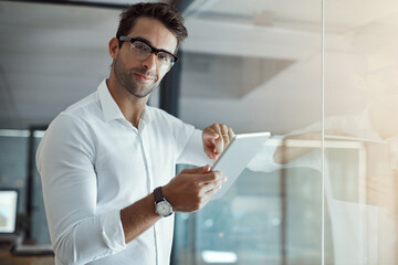 Poster - Man, portrait and tablet at window for business, connectivity and happy for career development. Journalist, technology and glasses in agency for article release, news research and space in Italy