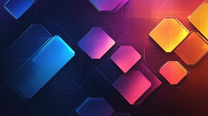 Poster - An abstract banner with overlapping hexagons and sleek, intersecting lines in bright gradient colors, forming a bold, modern geometric background