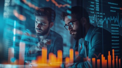 Poster - Business professionals analyzing financial data on a digital screen in an office environment during a late afternoon meeting