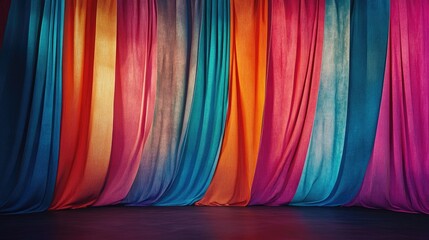 Poster - An abstract stage backdrop featuring layered curtains in bold colors, creating a striking and visually engaging scene for theatrical productions