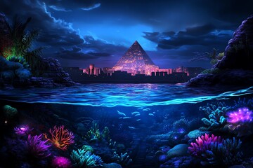 Poster - A digital painting of an underwater world, with vibrant coral reefs, glowing sea creatures, and an ancient sunken city in the background
