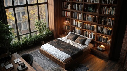 Wall Mural - Bookshelf that transforms into a foldable bed, saving space in a stylish home office.