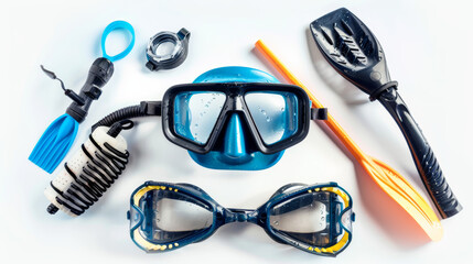 Snorkel gear set for breathing and observing underwater in snorkeling isolated on white background