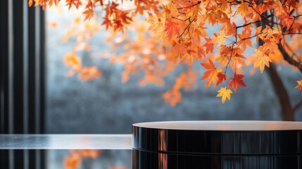 Poster - A round black podium sits on a glossy black surface. The podium is positioned in front of a large window with fall leaves. The leaves are orange and yellow, and they are out of focus.