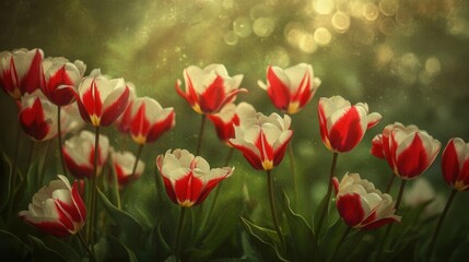 Wall Mural - Red white tulips spring garden. Generative AI