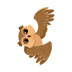 Wall Mural - Funny Owl Flying Creature with Large Eyes and Wings Vector Illustration