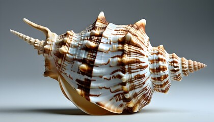 Wall Mural - Intricate patterns of a white and brown striped seashell with a pointed tip in stunning detail