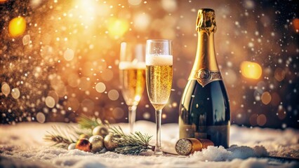 Two flutes filled with bubbly champagne glisten beside a luxurious bottle, surrounded by winter decorations and softly falling snowflakes, creating a festive atmosphere.