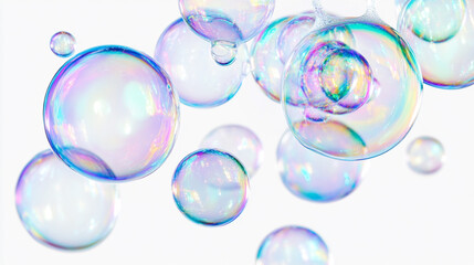 Wall Mural - Set of realistic colorful soap bubbles on white background, Multicolored soap bubbles on a white background, backdrop.