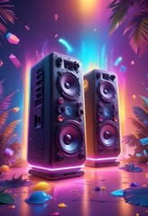 Wall Mural - Music party background with colorful music speakers