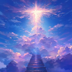 Wall Mural - a serene stairway leading up to a heavenly sky, guiding toward the light and evoking a sense of hope