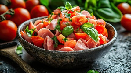 Wall Mural - Bowl of fresh tomato salad with basil. Perfect for food blogs, magazines, and websites.