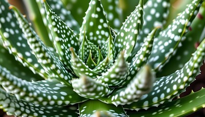 Vibrant green aloe vera plant with white spots showcasing a beautiful spiral leaf arrangement