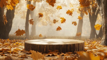 Poster - Golden leaves gently fall around a round wooden stump in a quiet forest clearing, surrounded by trees and enveloped in a soft morning mist, creating a tranquil autumn atmosphere.