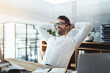 © BestCam/peopleimages.com - Businessman, happy and resting on computer at office with email notification for good news. Male person, employee and smile of satisfied with research results for project or task with relaxing