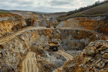 A truck transports ore from a gold mine shaft. Gold mining in the mine