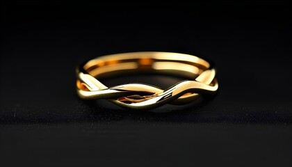 Elegant close-up of a unique twisted gold ring against a sleek black backdrop