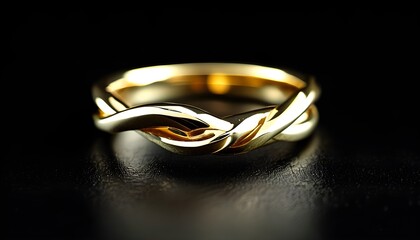 Elegant close-up of a unique twisted gold ring against a sleek black backdrop