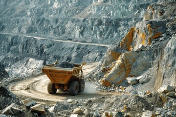 A truck transports ore from a gold mine shaft. Gold mining in the mine