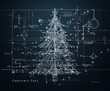 © Hoss - A christmas tree engineering diagram, blueprint or draft drawing. Highly technical drawings and notes surround the diagram, elf design plans. Construction plan. Blackboard. Chalk drawing, xmas