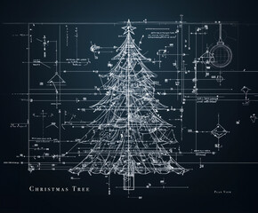 A christmas tree engineering diagram, blueprint or draft drawing. Highly technical drawings and notes surround the diagram, elf design plans. Construction plan. Blackboard. Chalk drawing, xmas