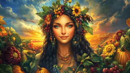 Wall Mural - 67. A radiant goddess of the harvest celebrating the bounty