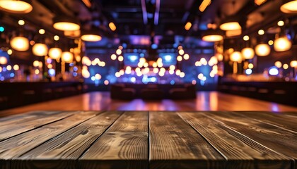 Wall Mural - Vibrant nightclub ambiance with an empty wooden table and soothing bokeh lights in a bright and warm studio setting