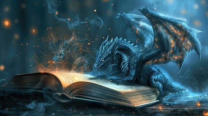 The beautiful illustration of mythical dragon on book