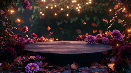 Aufkleber - Delicate flowers surround a circular wooden stage, illuminated by soft glowing lights. Autumn leaves gently fall, creating a magical atmosphere in the garden at dusk.