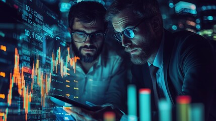 Poster - Two professionals analyzing financial data on a tablet with vibrant charts and digital displays in a modern office at night